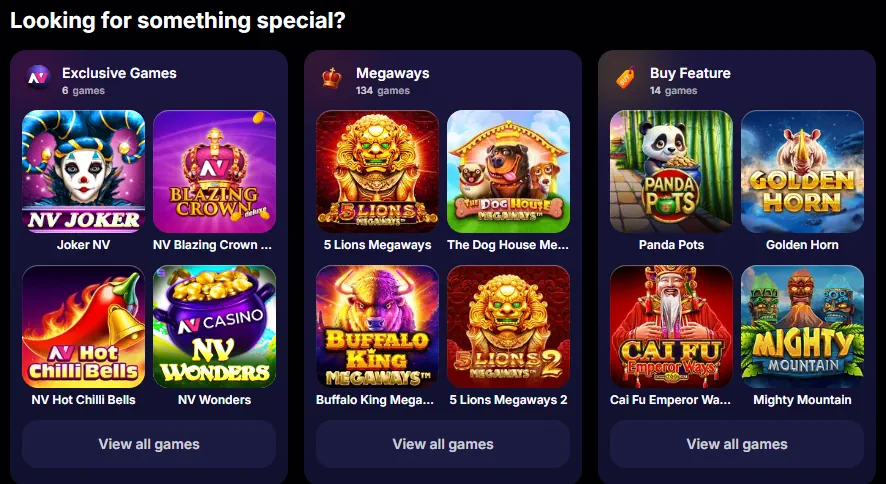 NV Casino spilbibliotek kategorier og fremhævede slot miniaturebilleder